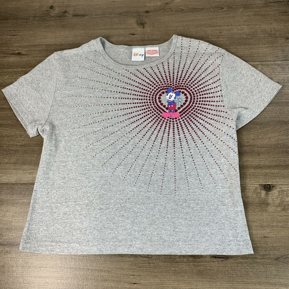 Disney Girls Mickey Mouse T Shirt Size Large Gray Short Sleeve Heart Glittery